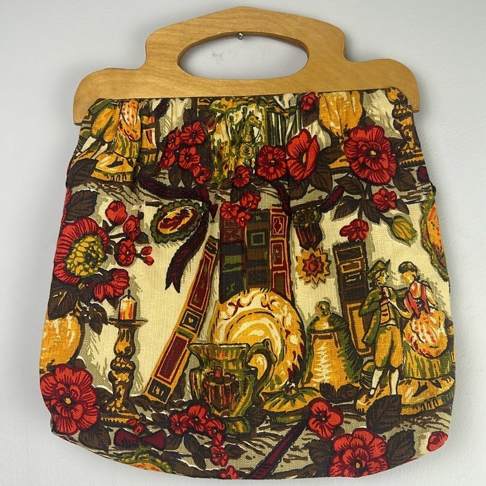 Vintage Sewing Knitting Crafting Bag Wooden Handle Novelty Fabric Old Fashion